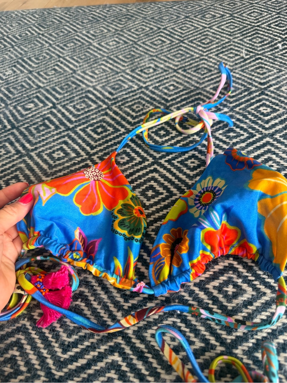 FARM Rio Blue Multicolor Floral Triangle Bikini Top L top, M bottoms